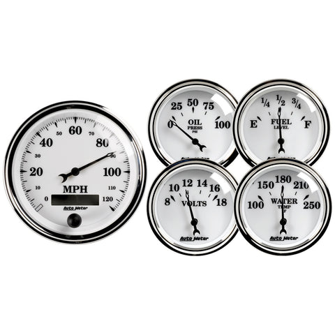 5 PC. GAUGE KIT 3-3/8" & 2-1/16" ELEC. SPEEDOMETER OLD TYME WHITE II