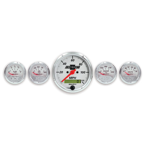 5 PC. GAUGE KIT 3-1/8 In. & 2-1/16 In.  ELEC. SPEEDO. CHEVROLET HERITAGE BOWTIE