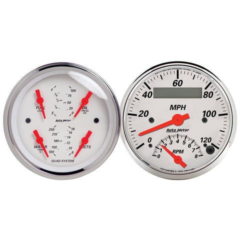 2 PC. GAUGE KIT 3-3/8" QUAD & TACH/SPEEDO 240-33 O ARCTIC WHITE