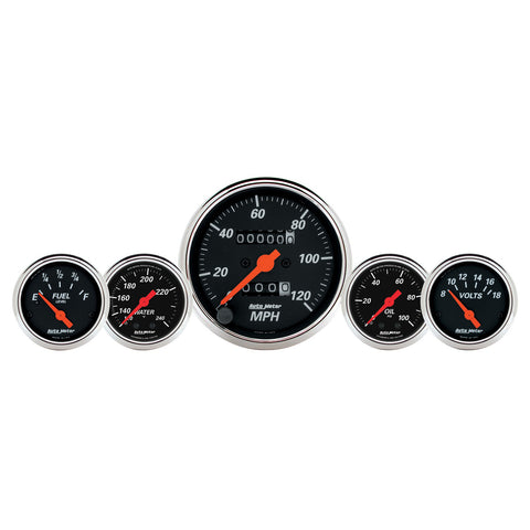5 PC. GAUGE KIT 3-1/8" & 2-1/16" MECH. SPEEDO. WTMP & OILP DESIGNER BLK