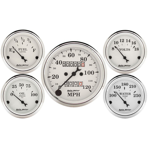 5 PC. GAUGE KIT 3-1/8" & 2-1/16" MECH. SPEEDOMETER OLD TYME WHITE