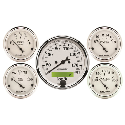 5 PC. GAUGE KIT 3-1/8" & 2-1/16" ELEC. KM/H SPEEDOMETER OLD TYME WHITE