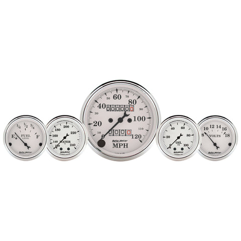 5 PC. GAUGE KIT 3-1/8" & 2-1/16" MECH. SPEEDO. WTMP & OILP OLD TYME WHT