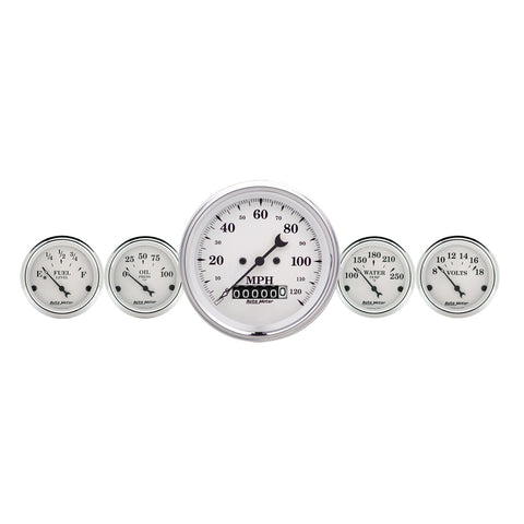 5 PC. GAUGE KIT 3-3/8" & 2-1/16" ELEC. SPEEDOMETER OLD TYME WHITE