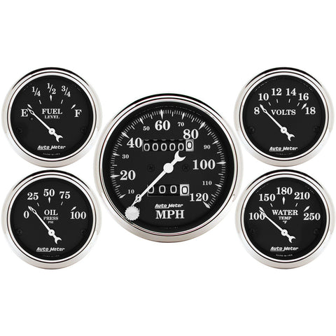 5 PC. GAUGE KIT 3-1/8" & 2-1/16" MECH. SPEEDOMETER OLD TYME BLACK