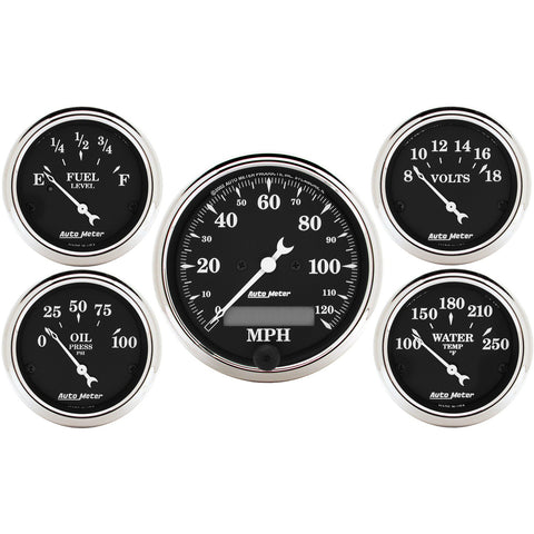 5 PC. GAUGE KIT 3-1/8" & 2-1/16" ELEC. SPEEDOMETER OLD TYME BLACK