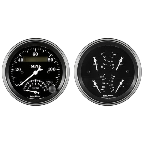 2 PC. GAUGE KIT 3-3/8" QUAD & TACH/SPEEDO 240-33 O OLD TYME BLACK