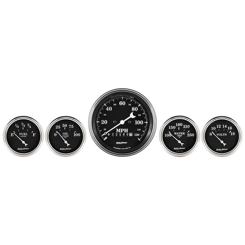 5 PC. GAUGE KIT 3-3/8" & 2-1/16" ELEC. SPEEDOMETER OLD TYME BLACK