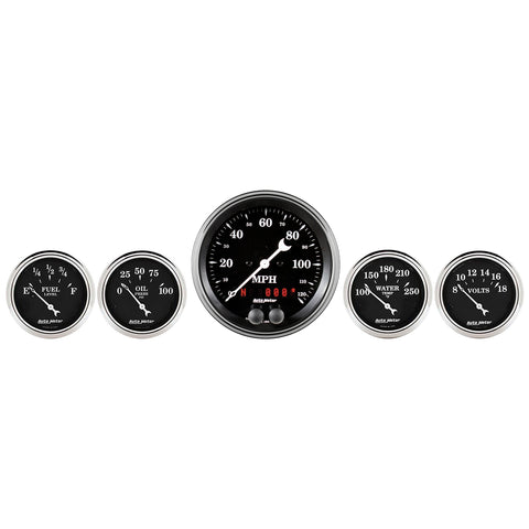 5 PC. GAUGE KIT 3-3/8" & 2-1/16" GPS SPEEDOMETER OLD TYME BLACK