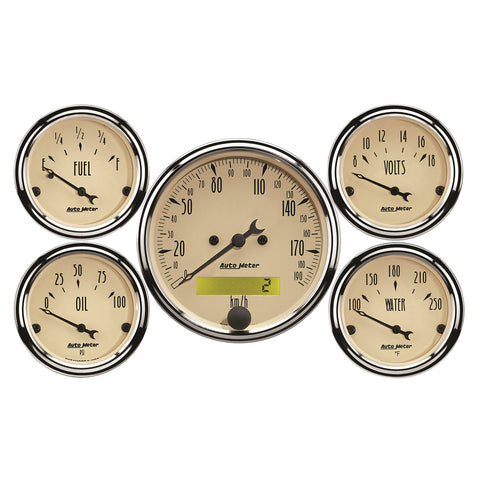 5 PC. GAUGE KIT 3-1/8" & 2-1/16" ELEC. KM/H SPEEDOMETER ANTIQUE BEIGE