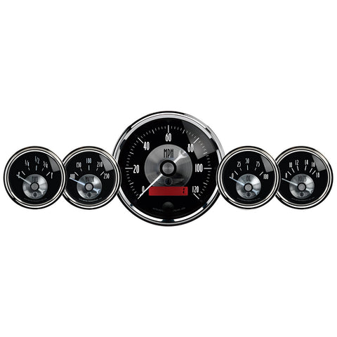 5 PC. GAUGE KIT 3-3/8" & 2-1/16" ELEC. SPEEDO W/LCD ODO PRESTIGE BLK. DIAMOND