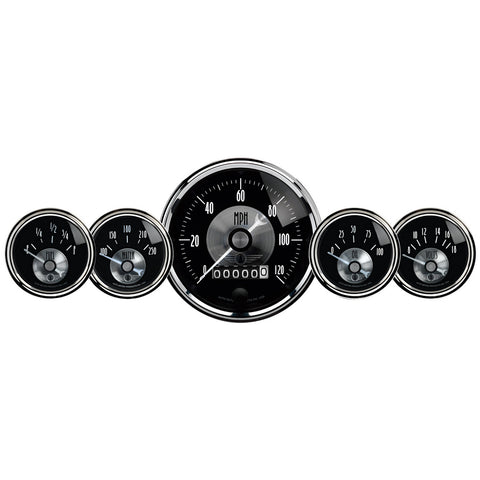 5 PC. GAUGE KIT 3-3/8" & 2-1/16" ELEC. SPEEDO W/WHEEL ODO PRESTIGE BLK. DIAMOND