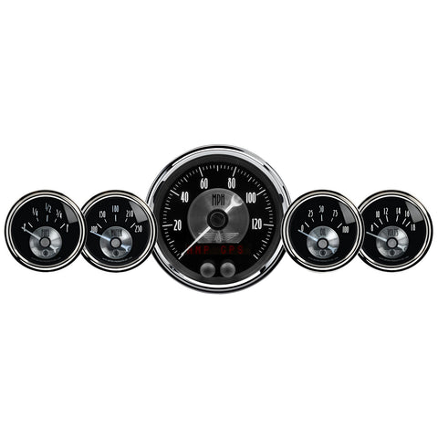 5 PC. GAUGE KIT 3-3/8" & 2-1/16" GPS SPEEDO W/LCD ODO PRESTIGE BLACK DIAMOND