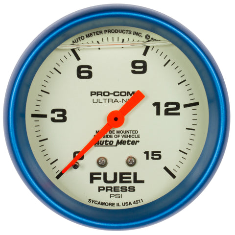 2-5/8" FUEL PRESSURE 0-15 PSI LIQUID FILLED ULTRA-NITE