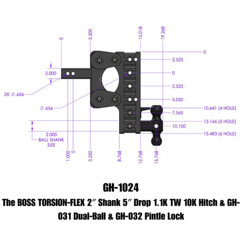GEN-Y Hitch 2" Shank 5" Drop 1.1K Tw 10K Hitch With Dual-Ball Pintle Lock - GH-1024