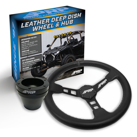 PRP Deep Dish Leather Steering Wheel Kit  Black With UTV Hub For Polaris RZR  Can Am X3  Arctic Cat Wildcat  EZ-GO  GEM  John Deere Gator