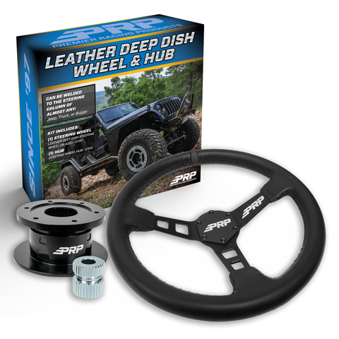 PRP Deep Dish Leather Steering Wheel Kit  Black With Quick Release Hub - Universal Weld On Adaptor
