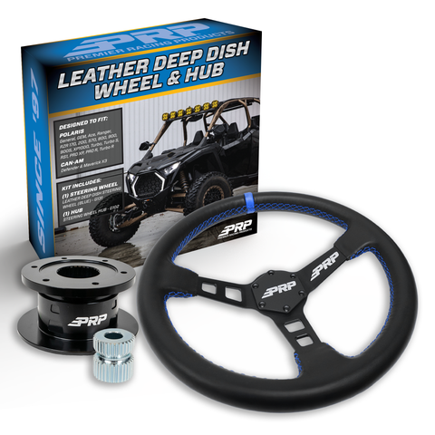 PRP Deep Dish Leather Steering Wheel Kit  Blue With Quick Release Hub For Polaris RZR  Can Am X3  Arctic Cat Wildcat  EZ-GO  GEM  John Deere Gator