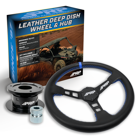 PRP Deep Dish Leather Steering Wheel Kit  Blue With Quick Release Hub For Yamaha YXZ  Viking  Wolverine  Rhino