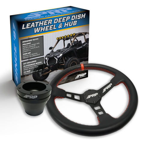 PRP Deep Dish Leather Steering Wheel Kit  Red With UTV Hub For Polaris RZR  Can Am X3  Wildcat  EZ-GO  GEM  John Deere Gator
