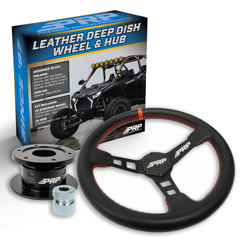 PRP Deep Dish Leather Steering Wheel Kit  Red With Quick Release Hub For Polaris RZR  Can Am X3  Arctic Cat Wildcat  EZ-GO  GEM  John Deere Gator