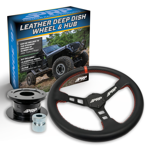 PRP Deep Dish Leather Steering Wheel Kit  Red With Quick Release Hub - Universal Weld On Adaptor