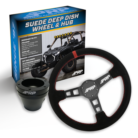 PRP Deep Dish Suede Steering Wheel Kit  Red With UTV Hub For Polaris RZR  Can Am X3  Arctic Cat Wildcat  EZ-GO  GEM  John Deere Gator