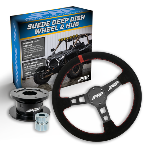 PRP Deep Dish Suede Steering Wheel Kit  Red With Quick Release Hub For Polaris RZR  Can Am X3  Arctic Cat Wildcat  EZ-GO  GEM  John Deere Gator
