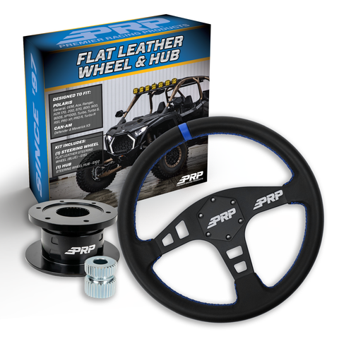 PRP Flat Leather Steering Wheel Kit  Blue With Quick Release Hub For Polaris RZR  Can Am X3  Arctic Cat Wildcat  EZ-GO  GEM  John Deere Gator