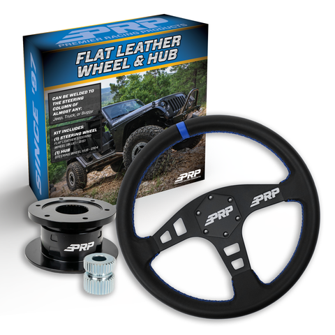 PRP Flat Leather Steering Wheel Kit  Blue With Quick Release Hub - Universal Weld On Adaptor