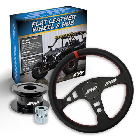 PRP Flat Leather Steering Wheel Kit  Red With Quick Release Hub For Polaris RZR  Can Am X3  Arctic Cat Wildcat  EZ-GO  GEM  John Deere Gator