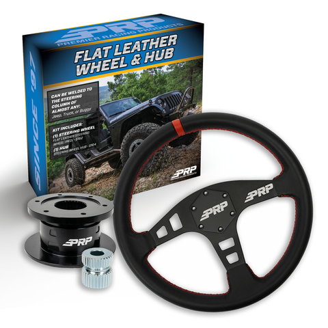 PRP Flat Leather Steering Wheel Kit  Red With Quick Release Hub - Universal Weld On Adaptor