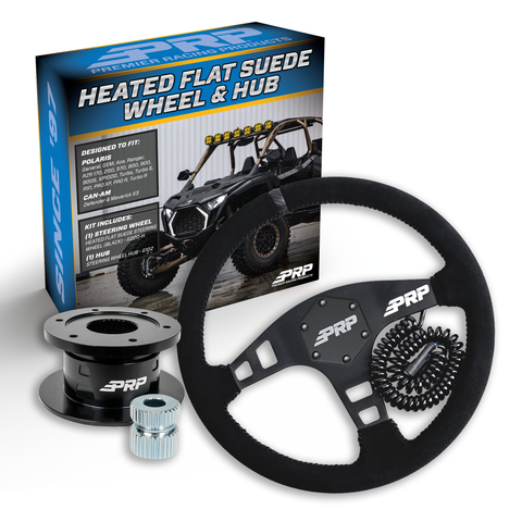 PRP Heated Flat Suede Steering Wheel Kit  Black With Quick Release Hub For Polaris RZR  Can Am X3  Arctic Cat Wildcat  EZ-GO  GEM  John Deere Gator