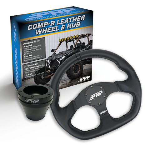 PRP Leather D-Shape Steering Wheel Kit  Black With UTV Hub For Polaris RZR  Can Am X3  Arctic Cat Wildcat  EZ-GO  GEM  John Deere Gator
