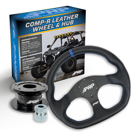 PRP Leather D-Shape Steering Wheel Kit  Blue With Quick Release Hub For Polaris RZR  Can Am X3  Arctic Cat Wildcat  EZ-GO  GEM  John Deere Gator