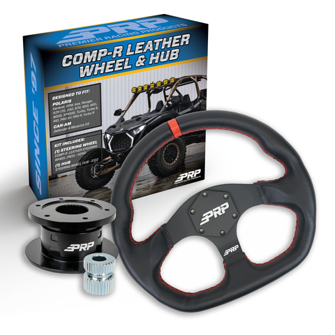 PRP Leather D-Shape Steering Wheel Kit  Red With Quick Release Hub For Polaris RZR  Can Am X3  Arctic Cat Wildcat  EZ-GO  GEM  John Deere Gator