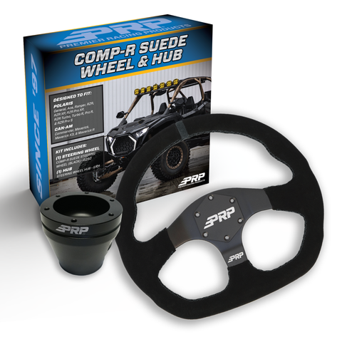 PRP Suede D-Shape Steering Wheel Kit  Black With UTV Hub For Polaris RZR  Can Am X3  Arctic Cat Wildcat  EZ-GO  GEM  John Deere Gator