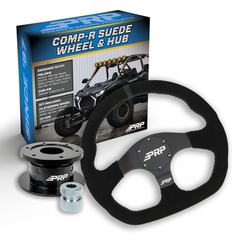 PRP Suede D-Shape Steering Wheel Kit  Black With Quick Release Hub For Polaris RZR  Can Am X3  Arctic Cat Wildcat  EZ-GO  GEM  John Deere Gator
