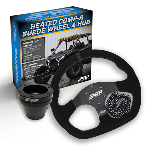 PRP Heated Suede D-Shape Steering Wheel Kit  Black With UTV Hub For Polaris RZR  Can Am X3  Arctic Cat Wildcat  EZ-GO  GEM  John Deere Gator