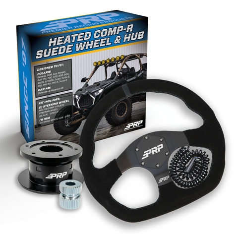 PRP Heated Suede D-Shape Steering Wheel Kit  Black With Quick Release Hub For Polaris RZR  Can Am X3  Arctic Cat Wildcat  EZ-GO  GEM  John Deere Gator